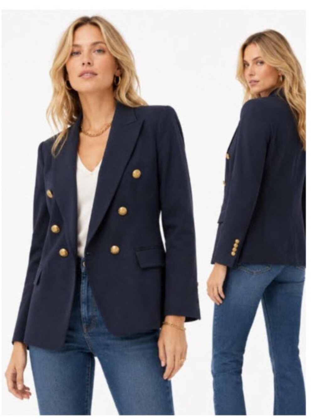 Banana Republic Wool Blend Double Breasted Blazer Gold Buttons Navy 12
